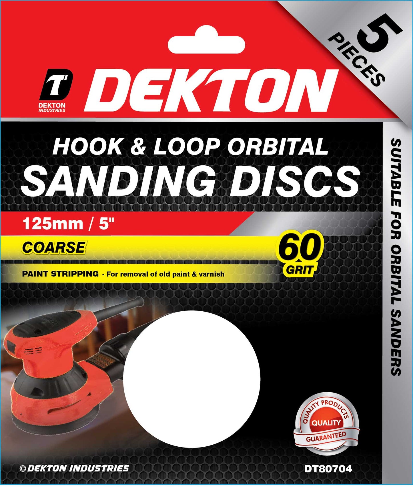 DEKTON 125MM HOOK & LOOP ORBITAL SANDING DISCS 5 PACK 60 GRIT