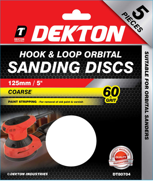 DEKTON 125MM HOOK & LOOP ORBITAL SANDING DISCS 5 PACK 60 GRIT